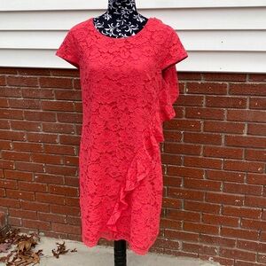 Vince Camuto Formal Cap Sleeve Coral Lace Ruffle Shift Accent Dress Size 14